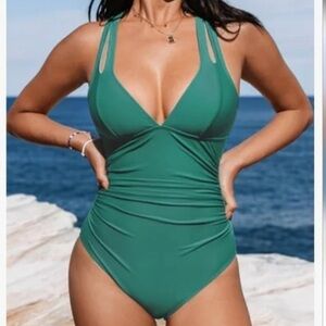 Cupshe Green V Neck Swimsuit Ruched Cross Adjustable Tie Back Removable Pads - S